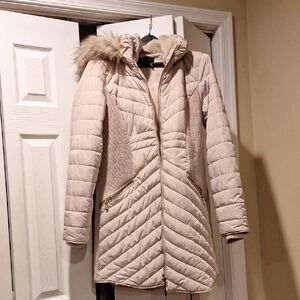 Donna Karan Light Pink Quilted Puffer Jacket with Fur Hood